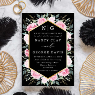Pink Floral Gold Leaves Black Monogram Wedding Invitation