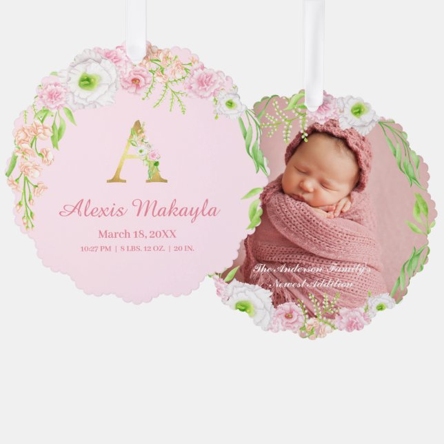 Pink Floral Gold Letter "A" Monogram Birth Stats Ornament Card (Front/Back)