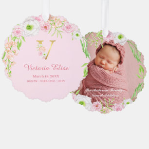 Pink Floral Gold Letter "V" Monogram Birth Stats Ornament Card