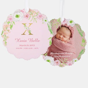 Pink Floral Gold Letter "X" Monogram Birth Stats Ornament Card