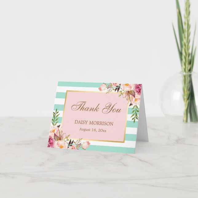 Pink Floral Gold Mint Green Stripes Thank You (Front)