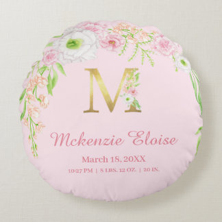 Pink Floral Gold Monogram "M" Baby Girl Stats Round Pillow