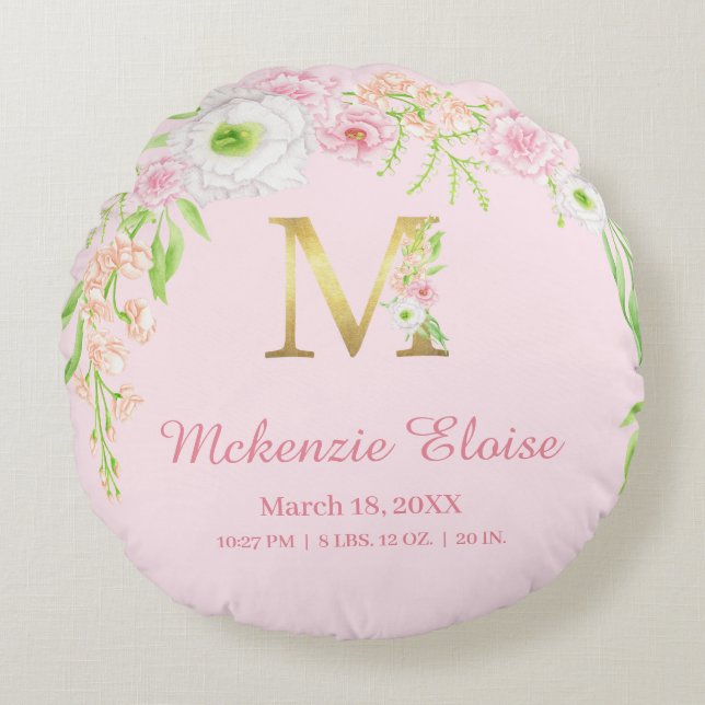 Pink Floral Gold Monogram "M" Baby Girl Stats Round Pillow (Front)