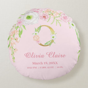 Pink Floral Gold Monogram "O" Baby Girl Stats Round Pillow