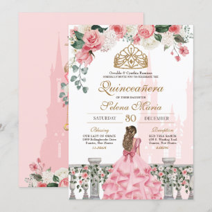 Pink Floral & Gold Princess Fairytale Quinceanera Invitation