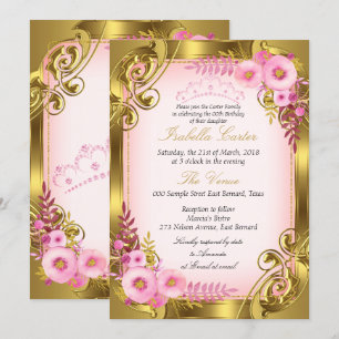 Pink Floral Gold Tiara Birthday Party Invitation