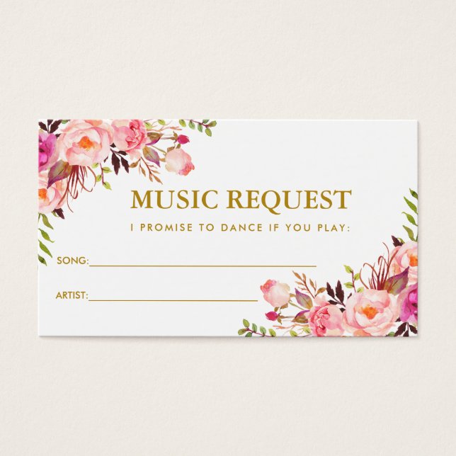 Pink Floral Gold Wedding Music Song Request Card (Front)