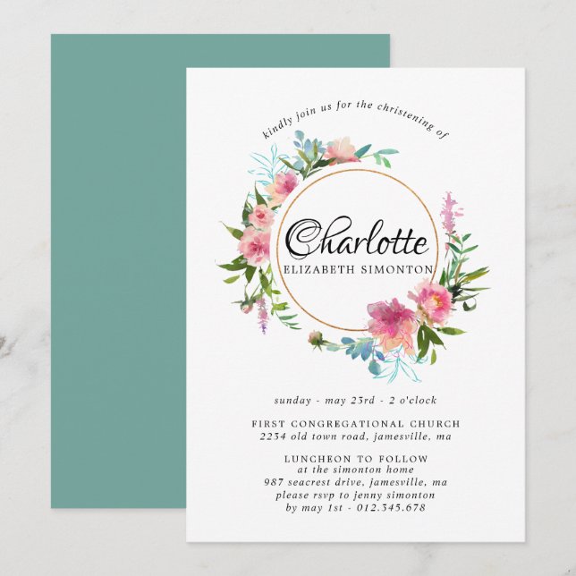 Pink Floral &  Gold Wreath Christening Invitations (Front/Back)