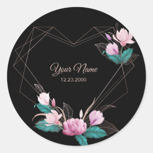 Pink Floral Golden Geometric Elegant Black Party Classic Round Sticker