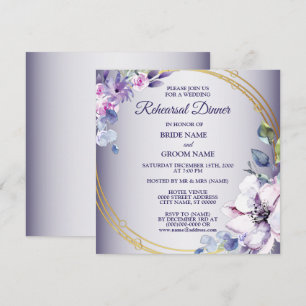 Pink Floral Golden Purple Wedding Rehearsal Dinner Invitation