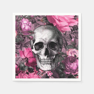 Pink Floral Goth Skull Napkin