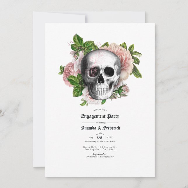 Pink Floral Gothic Skull Engagement Party Invitation (Front)