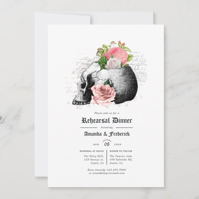 Pink Floral Gothic Skulls Rehearsal Dinner Invitation (Front)