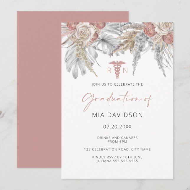 Pink Floral Grad Party Nurse Graduation Invitation (Front/Back)