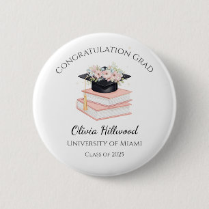 Pink Floral Graduation cap Uni Name  2 Inch Round Button