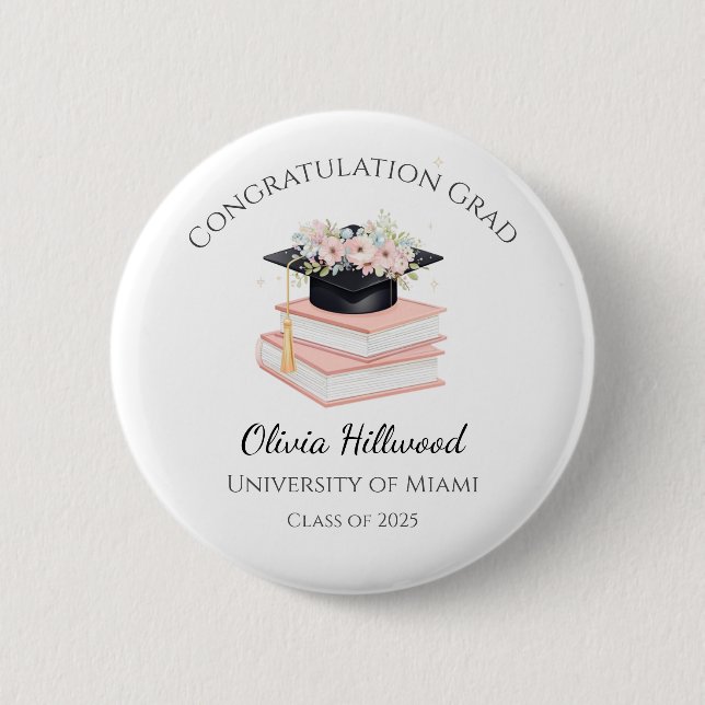 Pink Floral Graduation cap Uni Name  2 Inch Round Button (Front)
