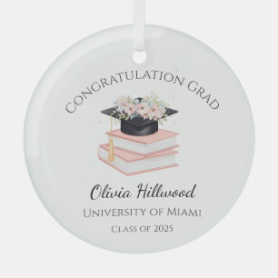 Pink Floral Graduation cap Uni Name  Glass Ornament