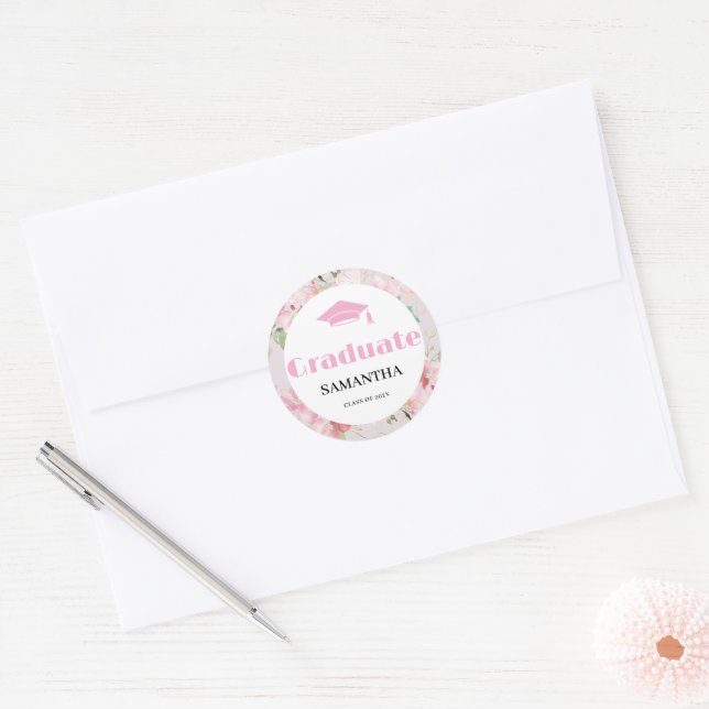 Pink Floral Graduation  Classic Round Sticker (Envelope)