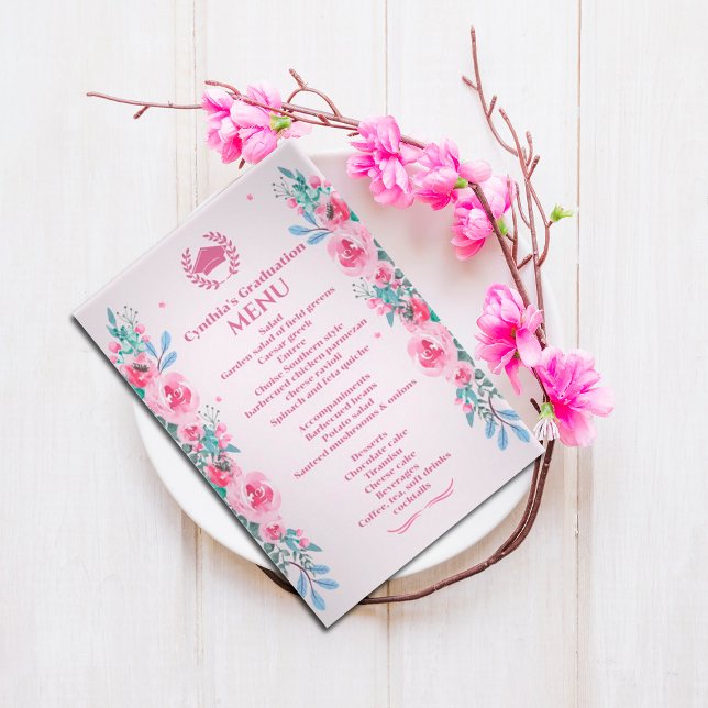 Pink Floral Graduation Dinner Menu Invitation (Creator Uploaded)