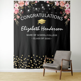 Pink Floral Graduation Photo Backdrop Tapestry