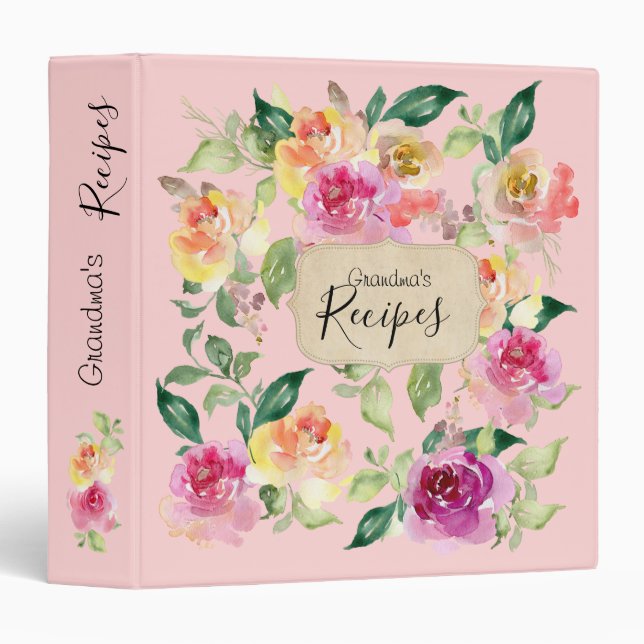 Pink floral grandma's recipe cookbook Binder (Front/Spine)