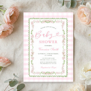 Pink Floral Grandmillenial Baby Shower Gingham Invitation