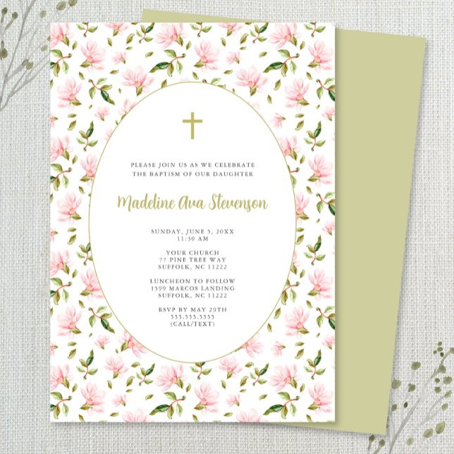 Pink Floral Grandmillenial girl baptism invitation (Creator Uploaded)