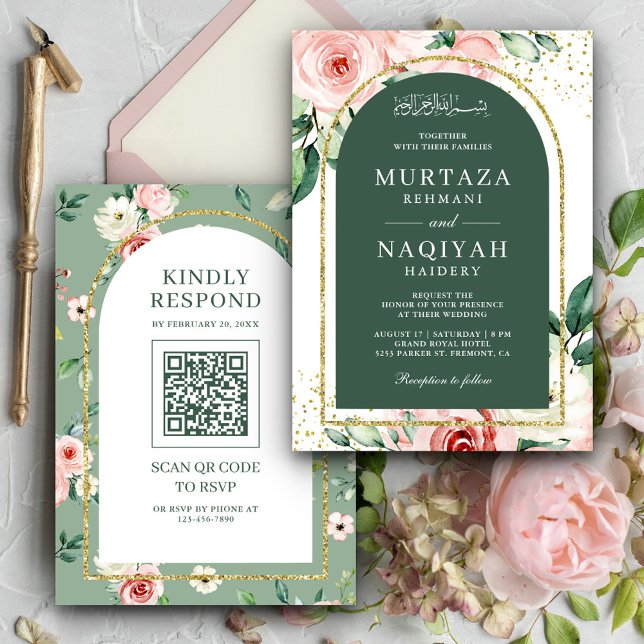 Pink Floral Green Arch QR Code Muslim Wedding Invitation (Creator Uploaded)
