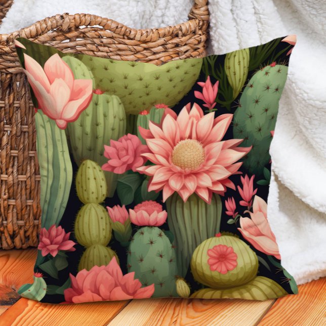Pink Floral Green Cactus Black Desert Bohemian Throw Pillow (Desert cactus pink flowers succulents on black pillow)