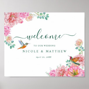 Pink Floral Green Delicate Watercolor Welcome Sign