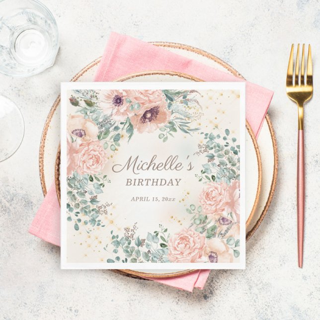 Pink Floral Green Foliage Gold Glitter Birthday Napkin (Blush pink floral and sage green leaves birthday party paper napkins)