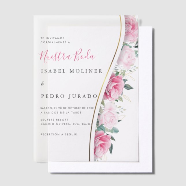 Pink Floral Green Foliage Nuestra Boda Wedding Vellum Invitations (Offset)