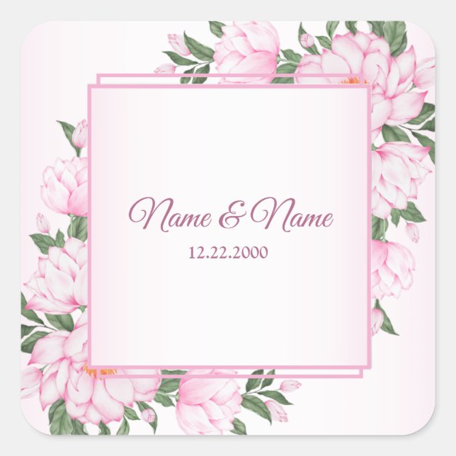 Pink Floral Green Leaves Elegant Wedding Party Square Sticker (Front)