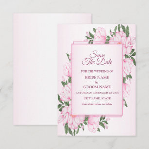 Pink Floral Green Leaves Frame Elegant Wedding Save The Date