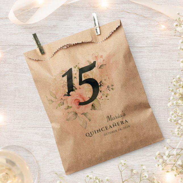 Pink Floral Green Quinceanera 15th Birthday Party Favour Bag (Clipped)