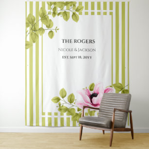 Pink Floral Green Stripes Photo Backdrop Wedding Tapestry