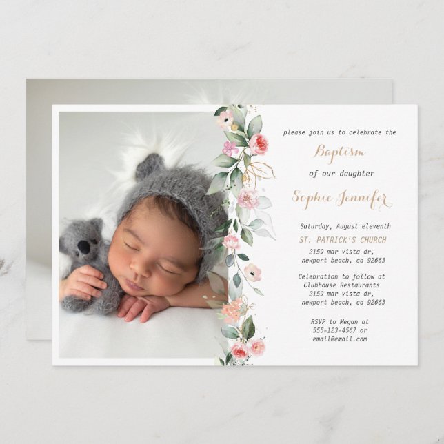 Pink Floral Greenery Baptism Girl Invitation (Front/Back)