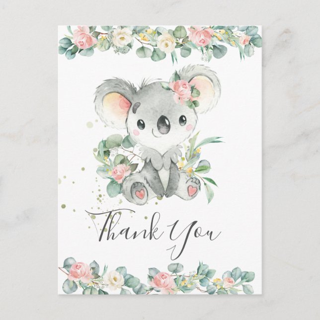 Pink Floral Greenery Cute Koala Thank You  Postcard (Front)