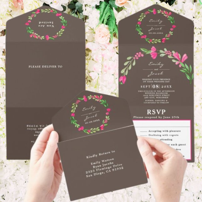 Pink Floral Greenery Dusty Brown Elegant Wed RSVP All In One Invitation (Creator Uploaded)
