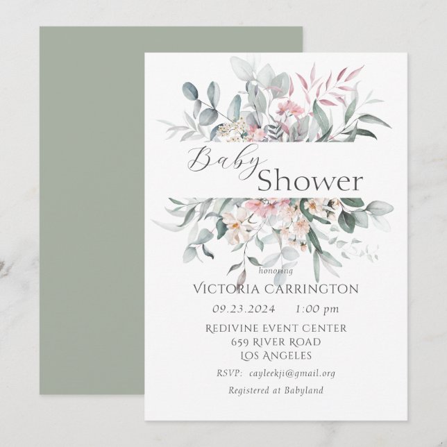Pink Floral Greenery Elegant Baby Shower Invitation (Front/Back)