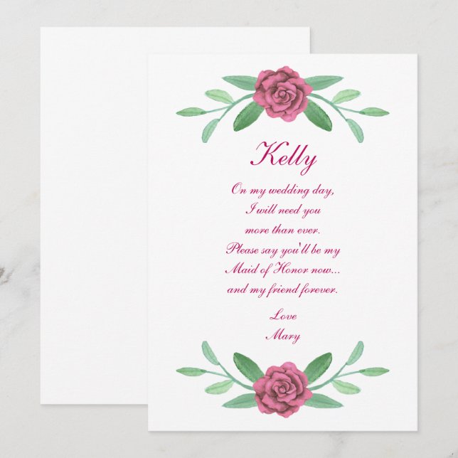 Pink Floral Greenery Foliage Maid Of Honour Card (Front/Back)