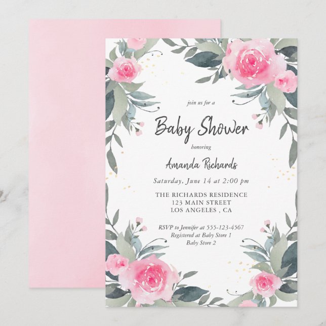 Pink Floral Greenery Girl Baby Shower Invitation (Front/Back)