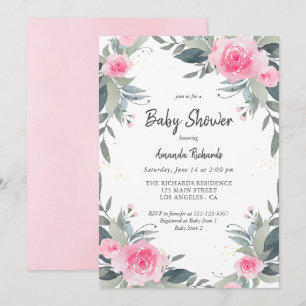 Pink Floral Greenery Girl Baby Shower Invitation