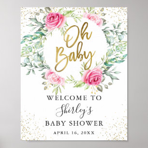 Pink Floral Greenery Glitter Baby Shower Welcome Poster