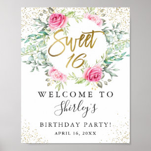 Pink Floral Greenery Gold Script Sweet 16 Birthday Poster