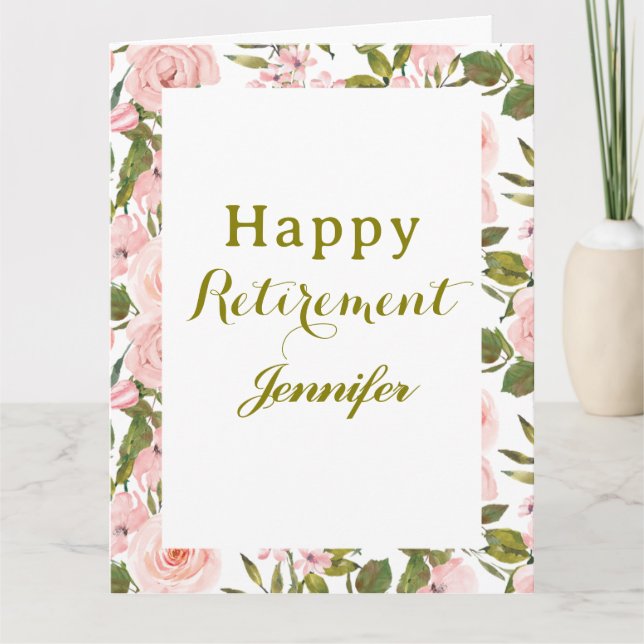 Pink Floral Greenery Happy Retirement card (Front)