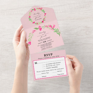 Pink Floral Greenery Light Pink Chic Wedding RSVP All In One Invitation