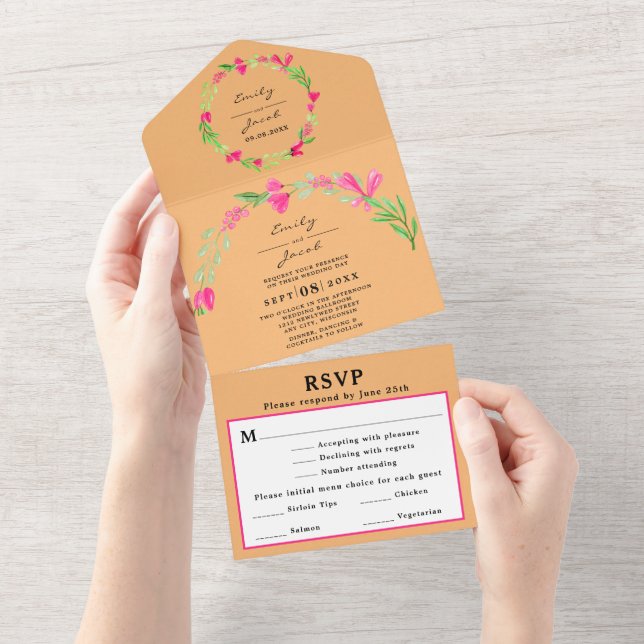 Pink Floral Greenery Orange Delight Chic Wed RSVP All In One Invitation (Tearaway)