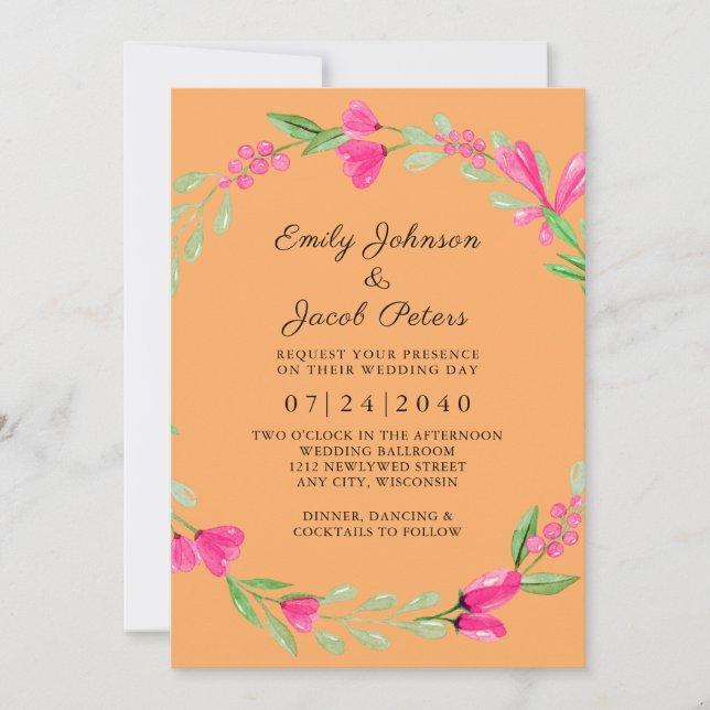 Pink Floral Greenery Orange Delight Elegant Wed Announcement (Front)