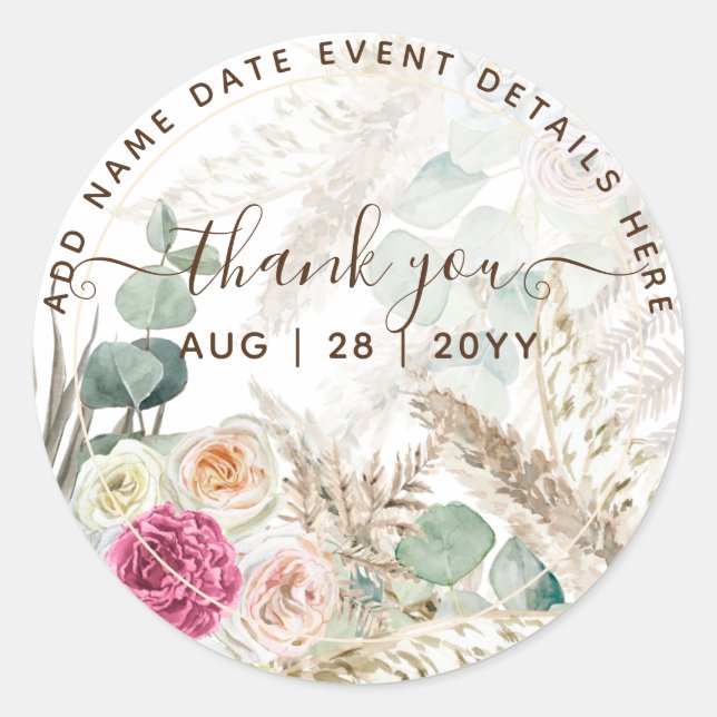  Pink Floral Greenery Pampas Grass Thank You Favou Classic Round Sticker (Front)